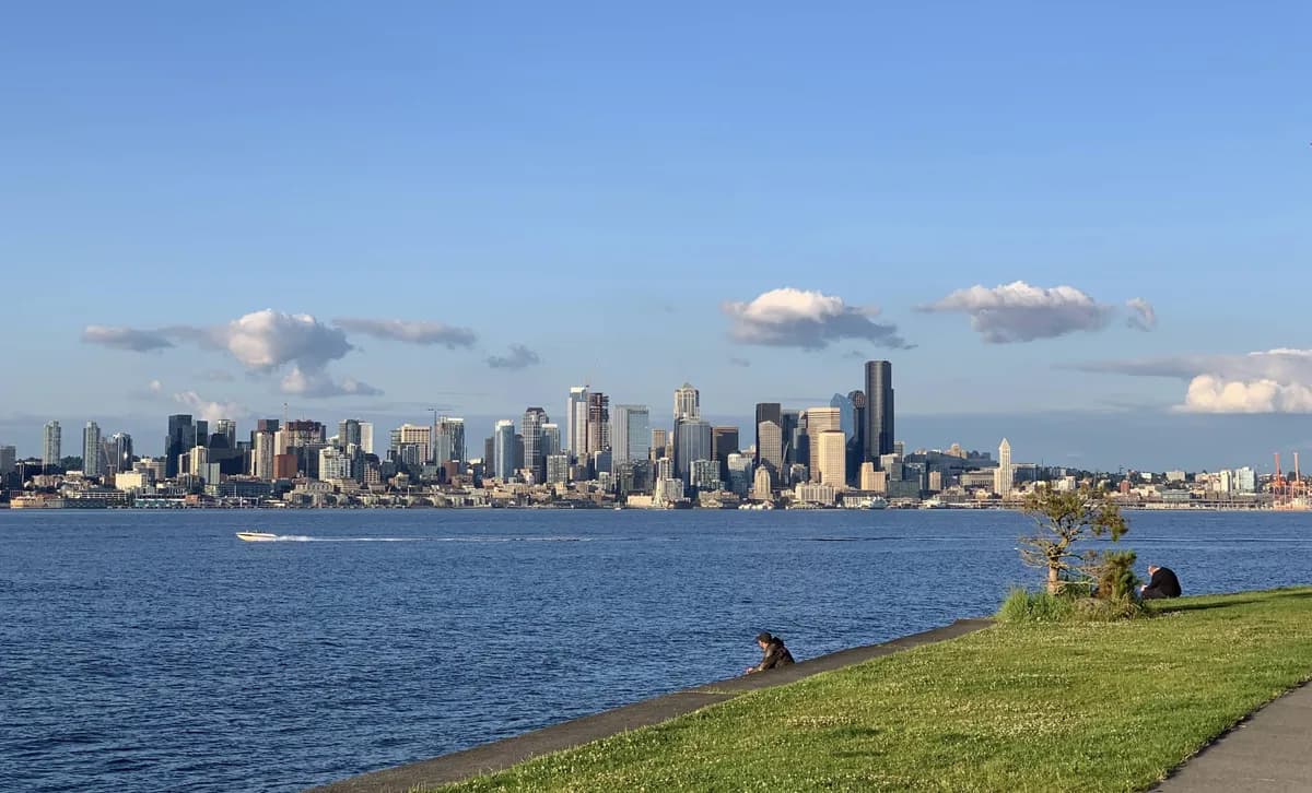 Alki Beach waterfront trail looking out across Elliott Bay toward Magnolia bluff
