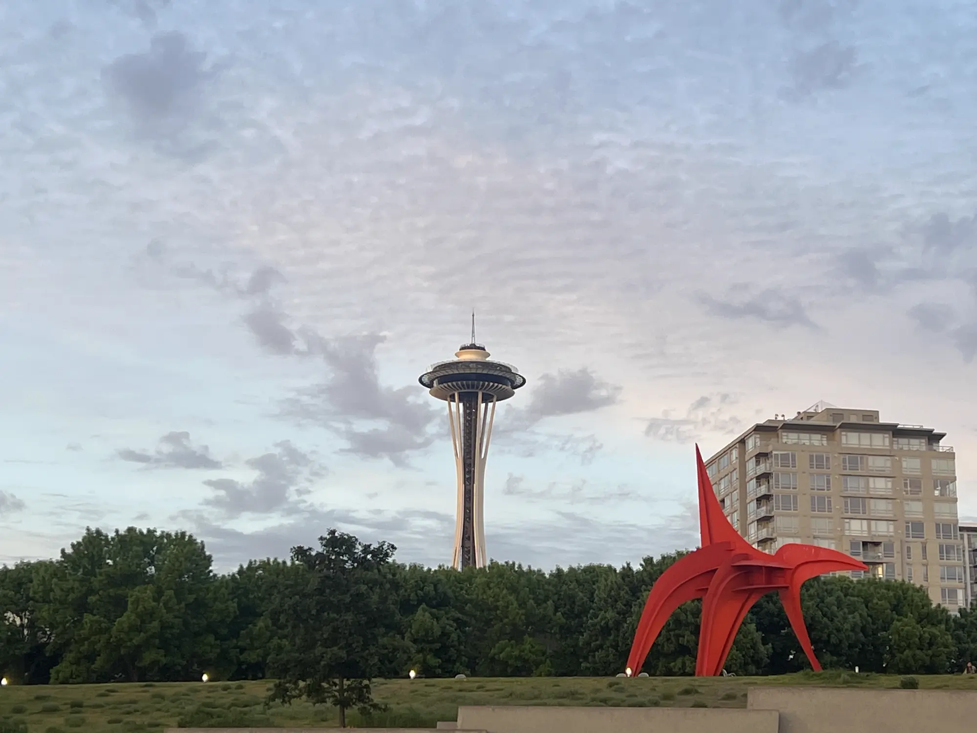 Olympic Sculpture Park with the Space Needle in frame — the start of the slow waterfront morning